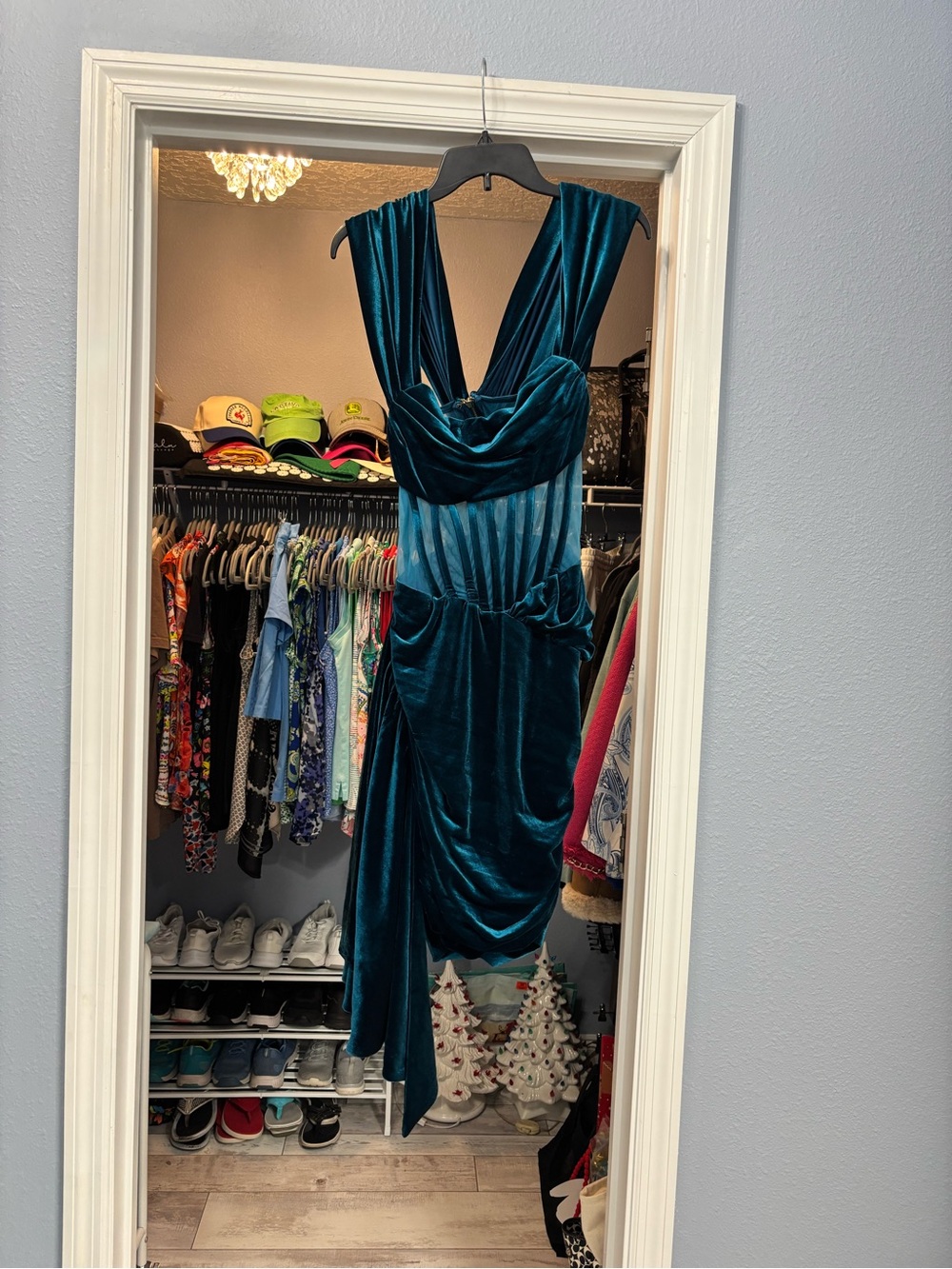 One-Shoulder Teal Velvet Draped Evening Dress
